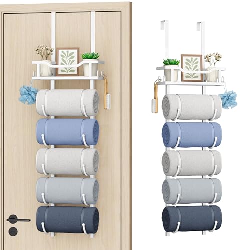 SWTYMIKI Over the Door Towel Rack - 6 Tier Towel Racks for Bathroom Wall Mounted, Towel Holder with Shelf, Hanging Rolled Towel Storage Organizer for Small Bathroom, Camper, RV, White
