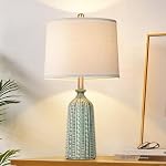 JUNNAI Green Ceramic Table Lamp 24.5": 3-Way Dimmable Nightstand Lamp with White Drum Lamp Shade | Modern Bedside Lamp for Bedrooms & Living Room (Bulb Included)