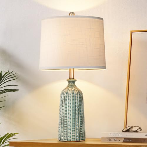 JUNNAI Green Ceramic Table Lamp 24.5": 3-Way Dimmable Nightstand Lamp with White Drum Lamp Shade | Modern Bedside Lamp for Bedrooms & Living Room (Bulb Included) by JUNNAI - Used condition - US$50.02
