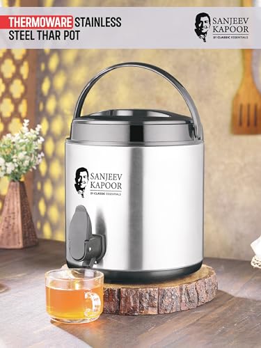Image of Sanjeev Kapoor by Classic Essentials 4.5L Stainless Steel Vacuum Insulated Thermo Jug - Double Wall Water Dispenser for Hot & Cold Beverages, Silver (4500ml)
