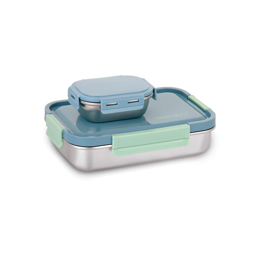 WARMEO Carnival Stainless Steel Airtight Leak-Proof Lunch Box, Light Weight, Easy to Clean, Perfect for Office, School, Picnic & Travelling, Set of 2 (1000ml+150ml) Blue & Mint-image-37