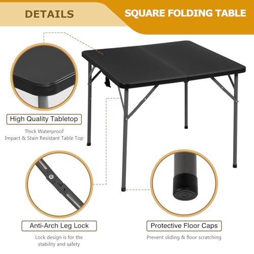 Image of FDW 34 inch Folding Card Table Plastic Table Portable Square Height Dining Table Perfect for Party and Parties Backyard Events, Black