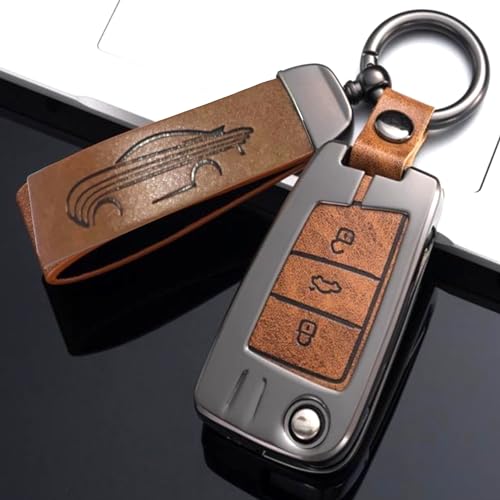 Image of Zinc Metal Alloy Leather Car Key Cover & Case Brown with Keychain & Holder Compatible for VW Taiguan, Virtus, Tiguan, T-ROC, Jetta (3 Button Flip Key New)