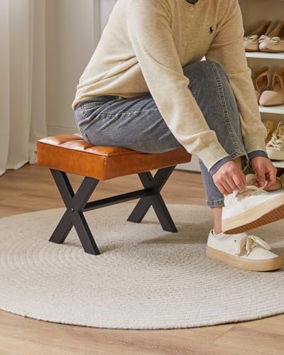 Image of IBUYKE Small 12 inch H Footrest Stool, Square PU Foot Stool with Metal X-Leg, Multi-Use as Small Side Table, Step Stool for Living Room, Bedroom, Entryway, Office, Light Brown WBD012J