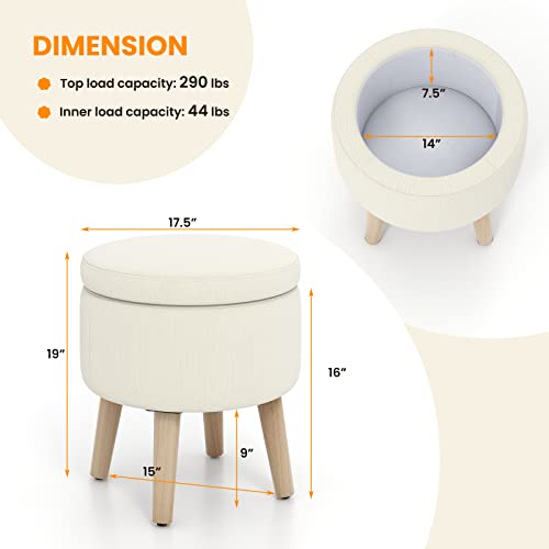 Giantex Storage Ottoman Foot Rest - Round Ottoman Coffee Table Top Cover, Wood Legs, Adjustable Foot Pads, Modern Padded Vanity Stool Footrest Ottoman For Living Room Makeup Bedroom (Beige) #TOP2
