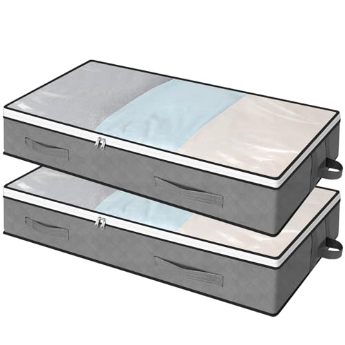 AiQInu 2 Pezzi Contenitori Sottoletto 100×50×18cm, Organizer Sotto letto Con Finestra di Osservazione e Maniglia,Salvaspazio Pieghevole Organizzatore Armadio per Abbigliamento Coperte Piumoni