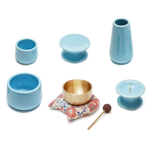 MimoriHive ペット 仏具 五具足 おりんセット 猫 犬 顔 布製台座 ヘアライン仕上げ 指紋防止 防錆コーティング 真鍮製 おりん 陶器 仏壇 手元供養 メモリアル 8点セット ブルー (フラワー1)