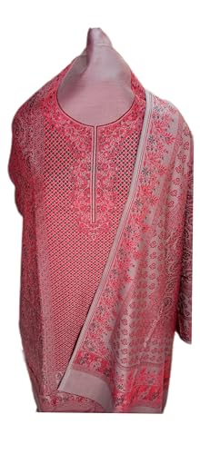 Image of Womens designer woolen suit for women with salwar and kashmiri shawl winter wear kani unstitched fabric set, stylish kurta pant set woollen dress material for women by pure pashmina wooltex