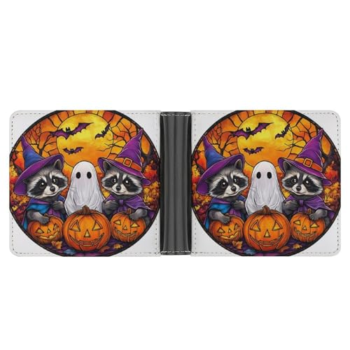 Stained Glass Halloween Raccoons Ghost Soft PU Leather Bifold Wallet, Coin Purse Credit Pass Case, Durable Card-Holder Slim Billfold for Men Woman Money Storage3