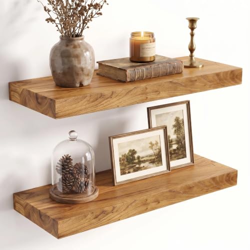 Image of Fun Memories 18 inch Wall Mounted Floating Shelves, Natural Elm Wood, 2 Pack