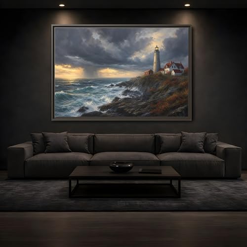 Tableau tempête phare d'écume cadre blanc 60x40 cm - 3