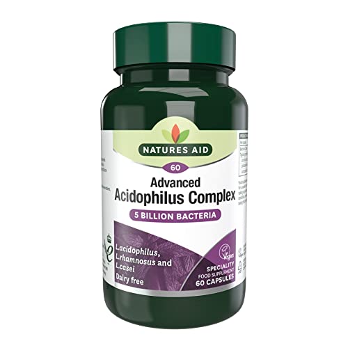 Natures Aid Acidophilus Complex 5 Billion CFU High Strength Probiotic Supplement 5 Billion Live Bacteria Supports Digestive Health & Gut Flora Vegan Gluten Free Non-GMO 60 Capsules