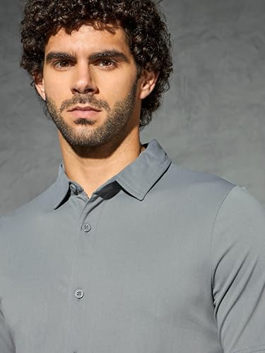 Image of TECHNOSPORT Men's Black Solid Regular Fit Spread Collar Casual Shirt with TECHNOCOOL+