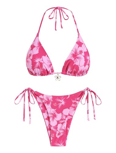Image of ZAFUL Womens Printed Triangle Bikinis 2 Piece Halter Bikini Sets High Cut Bathing Suit Side Tie Swimsuits