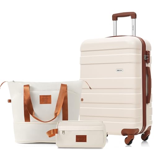 Image of 24 Inch Checked Suitcase with TSA Lock Travel Duffel Bag Wet-Dry Toiletry Bag, Ivory