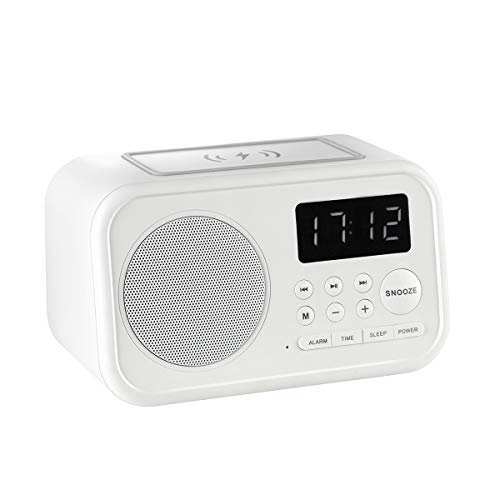 Vieta Pro Wake - Despertador altavoz (Bluetooth, radio FM, carga inductiva, entrada auxiliar, reproductor USB, micrófono integrado, 2 entradas de carga USB)  blanco