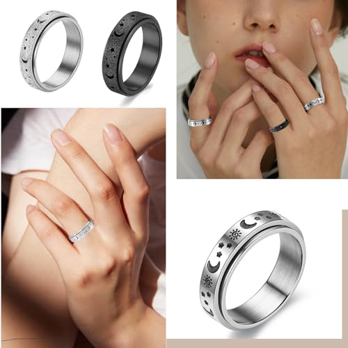 APMGONT 6 pcs Bagues Anti Stress en Acier Inoxydable pour Femme Homme Ensemble Hommes Anneaux Spinner en Acier Inoxydable Bague Lune Étoile pour Relaxation Mariage Promise (Argent-A, 65) – vue 4