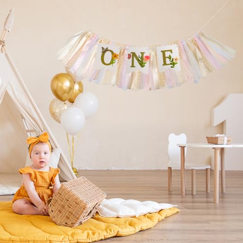 Image of Blossom High Chair Banner with Flower & Butterfly- Floral inchONE inch First Birthday Decor for Baby Girls, Little Fairy 1st Highchair Garland, Cake Smash Photo Prop