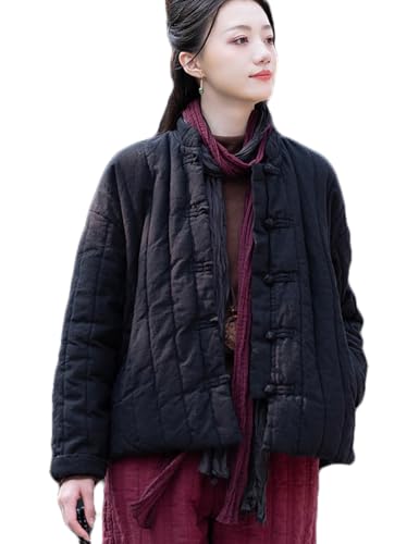 Women's Chinese Tang Suit Short Coat Cotton Linen Quilted Warm Jacket Coats with Pockets
