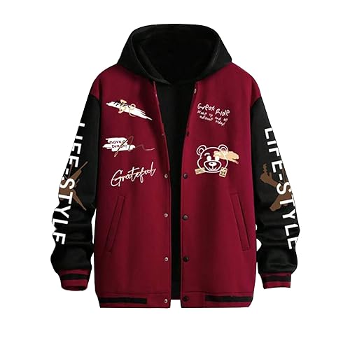 MAINESAKA Men Varsity Jacket Long Sleeve Button Letters Print Baseball Jacket Women Contrast Color Fall Bomber Jacket Coats