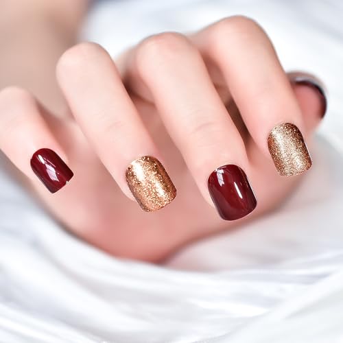 24pc Dark Red Press on Nails Square Fake Nails Kit, Short Glitter Design Acrylic Stick Nails Women Artificial False Fingernail with Adhesive Tab File Tool