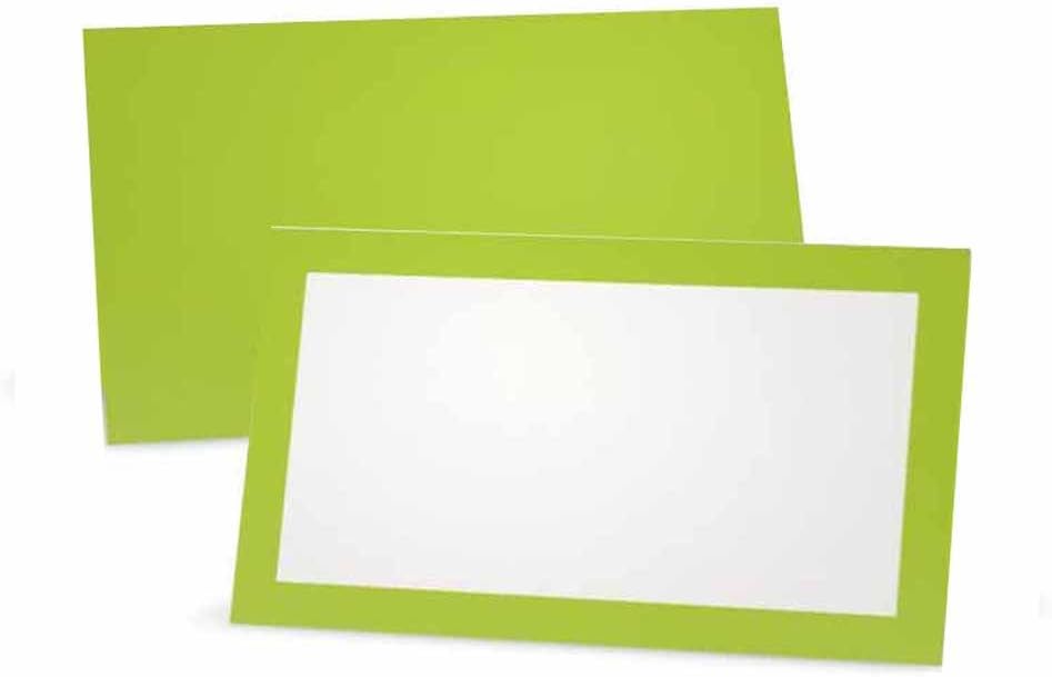 Lime Green Place Cards - Flat or Tent - 10 or 50 Pack - White Blank Front with Solid Color Border - Placement Table Name Seating Stationery Party Supplies - Occasion or Dinner Event (50, Tent Style)
