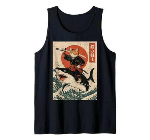 Vintage Anime Cat Japanese Funny Samurai Cat Riding Shark Tank Top