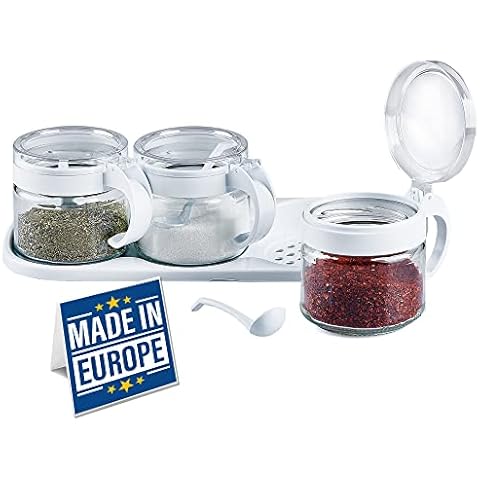 CRYSTALIA Glass Condiment Canister Set of 3 x 300ml with Handle, Spoon and Lid White 100%Lead Free !! Color Variation is Available!! Travel BBQ, Spice Dispenser Jars, Tea, Coffee, Sugar, Herb Canister Cover