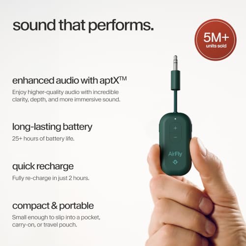Image of Twelve South AirFly Pro | Bluetooth Wireless Transmitter /Receiver Adapter for 2 Headphones, Audio Sharing, Compatible with 3.5mm aux Jack for Airplanes, TV, Gym, Stereo, and Travel, Evergreen
