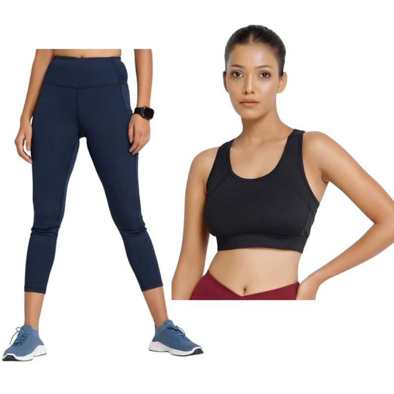 Blue High-Waisted Leggings & Sports Bra Set for Women - Comfortable, Stretchy & Stylish Activewear with Supportive Fit-image-10