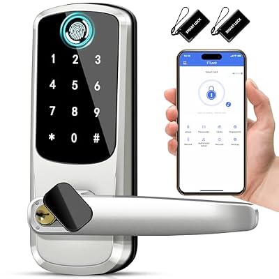 Smart Door Lock with Handle,Keyless Entry Door Locks, 8-in-1 Fingerprint Keypad Exterior Lock - Smart Locks for Front Door - Digital Electronic Smart Lock with Code & APP Control (Silver)