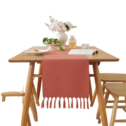 Camino de Mesa Borla de Color Liso imitación Lino poliéster Mesa de Comedor aparador Mueble de TV decoración (Burnt Orange 33 * 183cm)