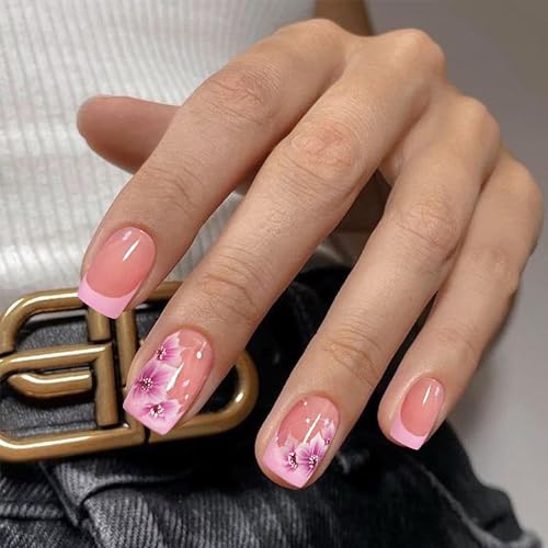 YOSOMMK Cute Pink Square Press on Nails Short Fake Nails with Flower Designs French Tip Glue on Acrylic Nail Glossy Full Cover False Nail for Women and Girls - Image 2