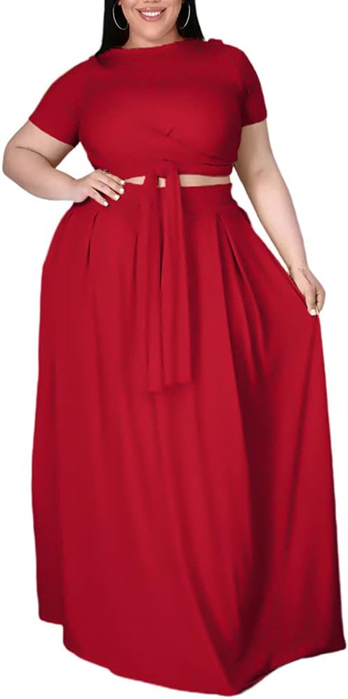 Ophestin Womens Plus Size 2 Piece Dress Outfits Solid Color Crop Top Maxi Skirts Set
