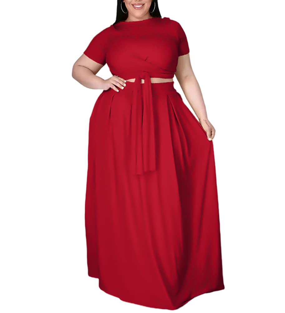 Ophestin Womens Plus Size 2 Piece Dress Outfits Solid Color Crop Top Maxi Skirts Set