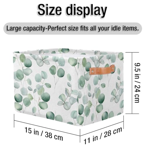 Image of Eucalyptus Leaves Storage Baskets for Organizing, Fabric Collapsible Storage Bins Box Sage Green Decorative Toy Organizer Baskets for Closet Shelves Gift Basket 1 Pc