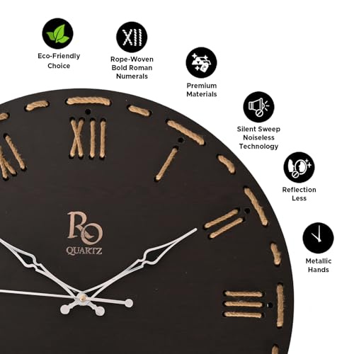 Image of Wooden Round Shape Roman Dial Wall Clock with Silver Hands & Golden Jute Rope Detailing | Silent Quartz Movement Anti Reflection Analog Vintage Clock for Home & Office (Black, 15.5 Inch)