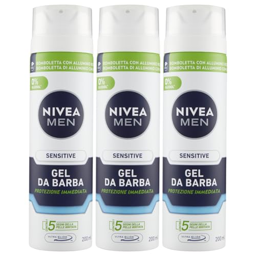 Gel Da Barba SENSITIVE, Protezione Immediata, Contro i 5 Segni Della Pelle Irritata. 0% Alcool 200ml (3 Bombolette)