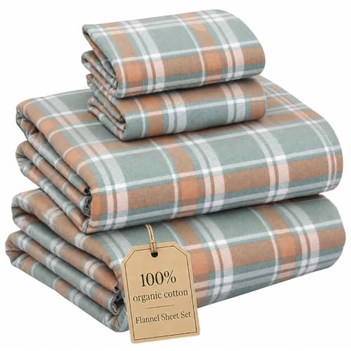 RUVANTI 100% Organic Cotton Flannel Sheets Cal King Size, Spruce Blue