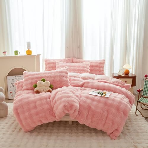 chovy Kids Girls Rabbit Plush Pink Comforter Sets Queen - 3PC Faux Fur Bed Set Skin Friendly Soft Warm Velvet Flannel Fluffy Fuzzy Bedding（Comforter x 1 Pillowcases x 2）