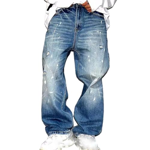 Men’S Fashion Hip Hop Ripped Baggy Paint Dot Denim Cargo Pants Slim Fit Full Length Button Fly Distressed Ragged Trousers