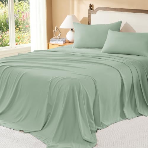 Image of Litanika Super King Size Comforter Set with Sheets Sage Green - 7 Pieces Bed in a Bag Oversized King Boho Tufted Complete Bedding Sets with Comforter, Sheets, Pillowcases & Shams