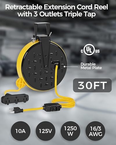 Wilawels 30 Ft Retractable Extension Cord Reel, 16/3 Gauge Sjtw Power Cord With 3 Electrical Outlets Pigtail For Garage And Shop thumb #7