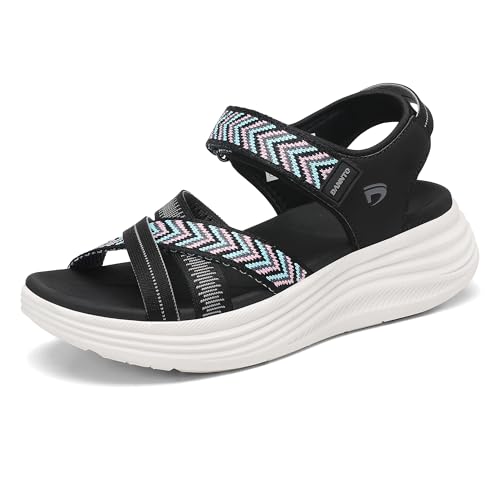 Dannto Women's Comfortable Walking Sandals with Arch Support Elastic Strap Cushioned Midsole Platform for Casual Summer Fashion Sandal Black Size 9