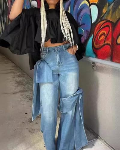 HuiSiFang Women's Straight Leg Jeans Boyfriend Casual Bow Jeans High Waisted Button Front Trendy Denim Pants3