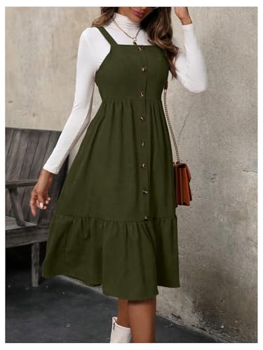 Image of WDIRARA Women's Button Front Sleeveless Ruffle Hem Pinafore Dress Corduroy Jumper Dress