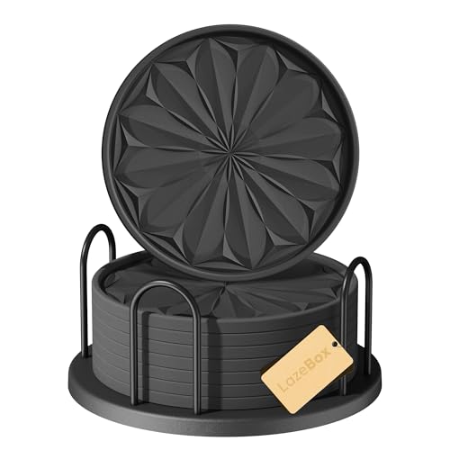 Lazebox Coasters Set of 8 for Drinks with Holder, 4" Large Silicone Coasters for Coffee Table, Deep Tray Non-Slip Drink Coasters for Table Protection, Heat Resistant & Dishwasher Safe, Black