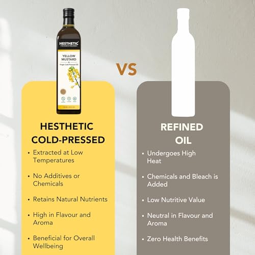 Image of HESTHETIC Cold Pressed Mustard (Sarson) Oil 1L | Pure Sarson Ka Tel | Natural-Aroma Unrefined Cooking Oil for North Indian & Bengali Cuisine | German-Tech Single-Screw Press | Glass Jar