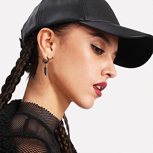 Kafu Surgical Stainless Steel Huggie Hinged Hoop Earrings Punk Hip Hop Cool Goth Black Silver Feather Drop Dangle Earrings For Men Women (Black-1) #TOP2