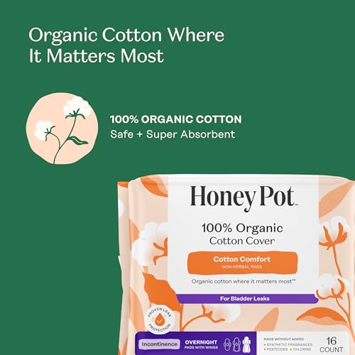 Image of The Honey Pot Company - Cotton Comfort - Overnight Incontinence Pads | Organic Cotton Cover w /Wings - Bladder Leak Control - No Fragrance, Ultra-Absorbent Pulp Core - Feminine Care - 64ct